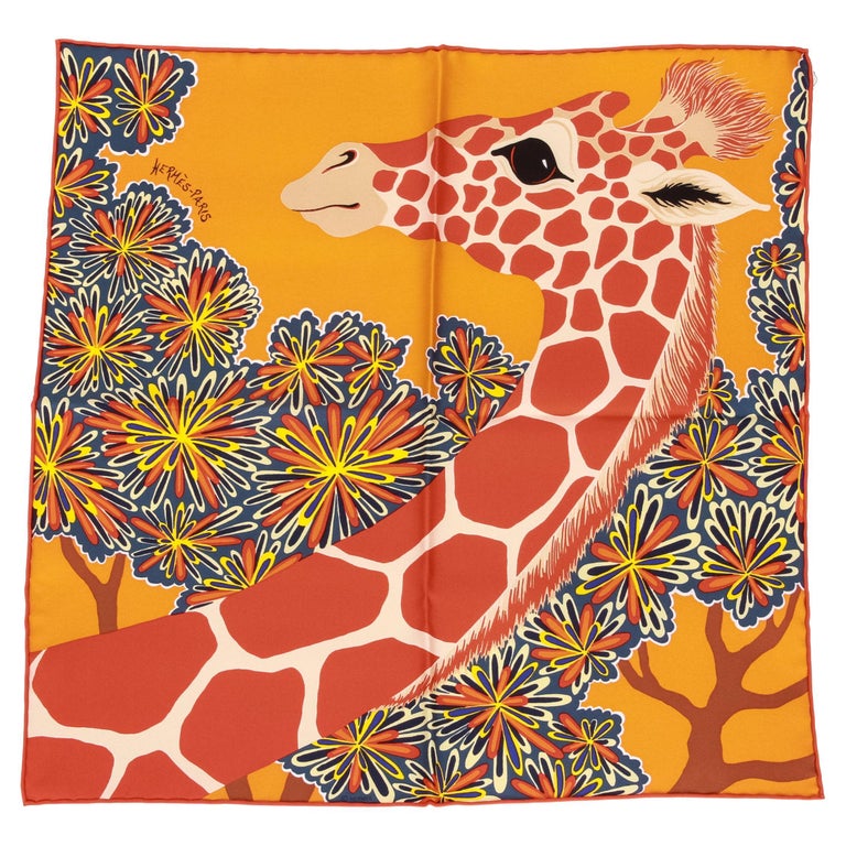 Hermès Orange Silk Giraffe Gavroche Scarf with Box For Sale