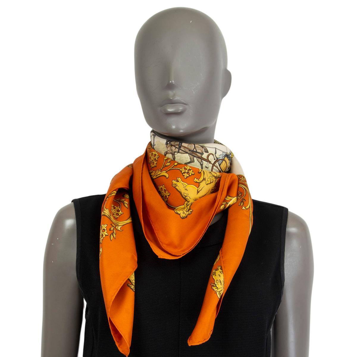 HERMES orange silk LA PROMENADE DE LONGCHAMP 90 TWILL Scarf For Sale 2