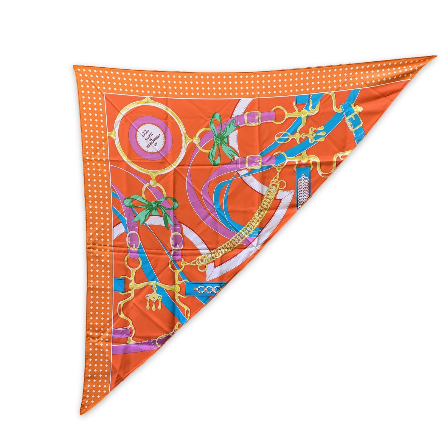 HERMES Silk Giant Triangle scarf named 'La Promenade du Matin', designed by famed artist Henri d'Origny. The Giant Triangle was launched in early March 2019. Hermes with copyright symbol printed on the scarf. Measurements: 37 x 74 inches - 94 x 188