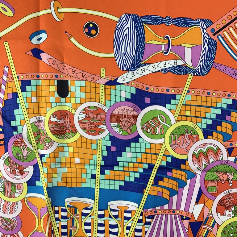 Foulard Carré Hermès 90 En Soie - Motif 'Laboratoire Du Temps' Collector, Neuf Sans étiquette