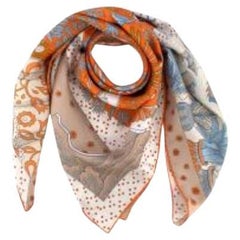 Hermes Orange Silk "Le Premier Chant" Scarf 90