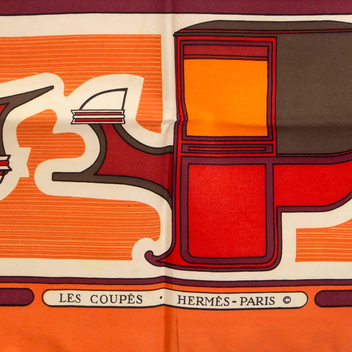 100% authentic Hermes 'Les Coupes' scarf by Francoise de La Perriere in orange silk twill (100%) with details in khaki, ivory and eggplant. Has been worn with a few faint stains, thread pulls and marks. Overall in good vintage