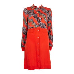HERMES orange silk PRINT & wool & cashmere Knit Shirt Dress 38