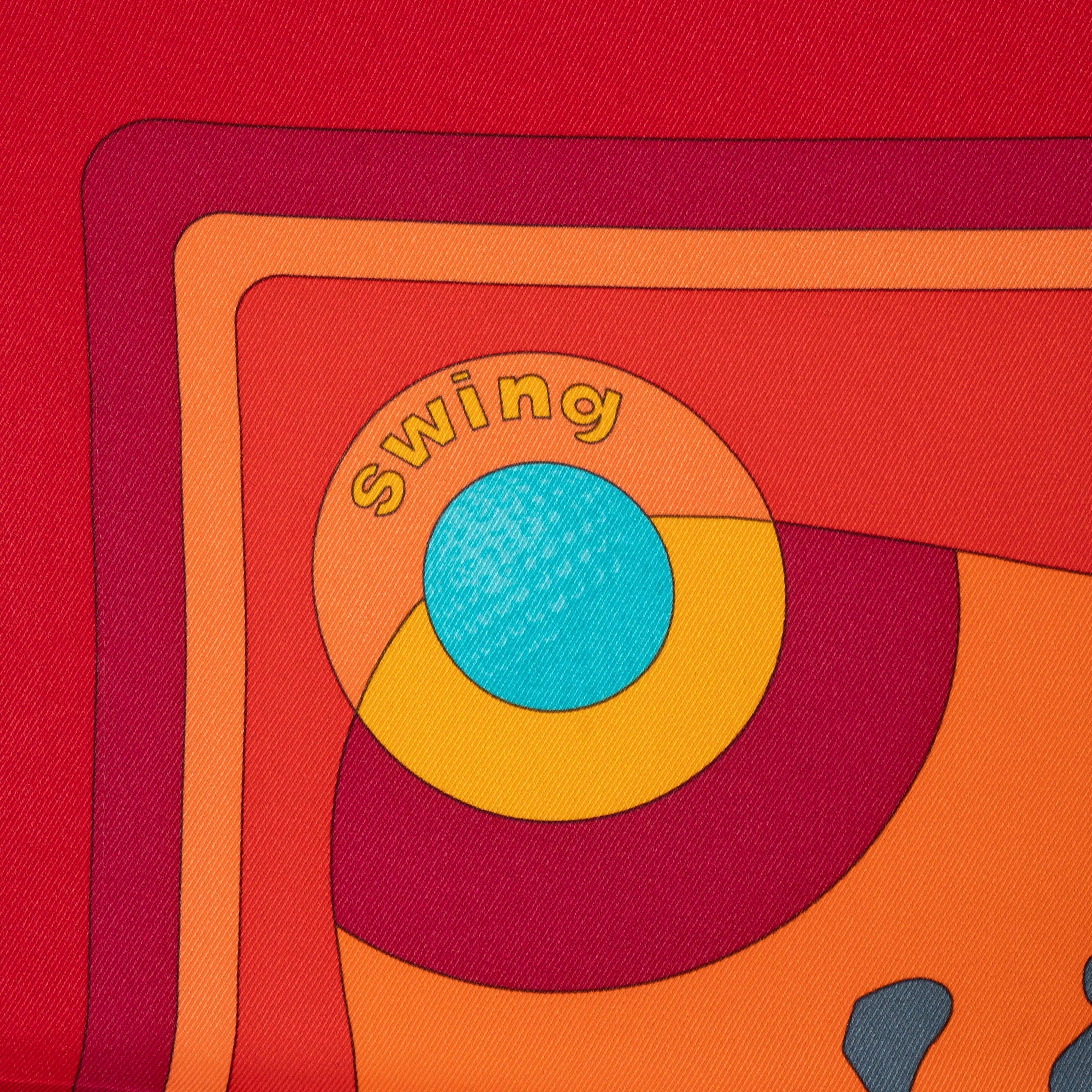 This 100% authentic Hermès Swing 70 scarf, designed by Julia Abadie, is crafted from orange vintage silk (100%). The golf-inspired print features clubs and golf balls, framed by a red border with vibrant details in yellow and shades of blue.