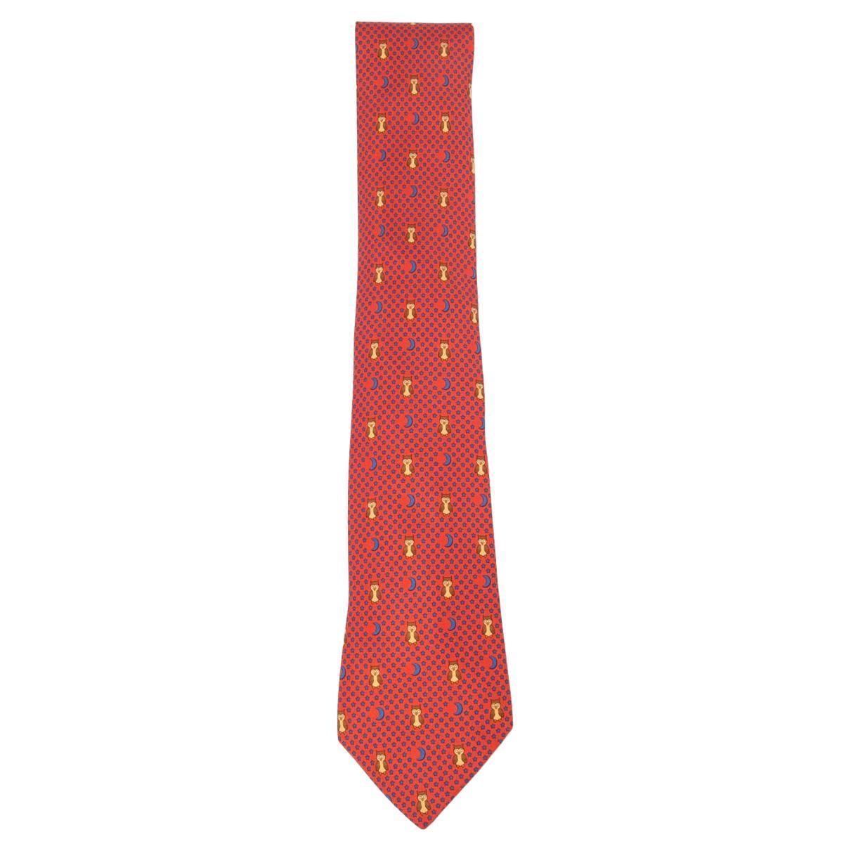 HERMES orange silk twill 7997 NIGHT OWL Tie For Sale