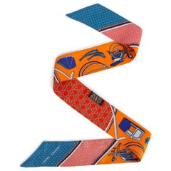 HERMES orange silk twill LES VOITURES A TRANSFORMATION Twilly Scarf Cobalt