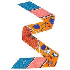 HERMES orange silk twill LES VOITURES A TRANSFORMATION Twilly Scarf Cobalt