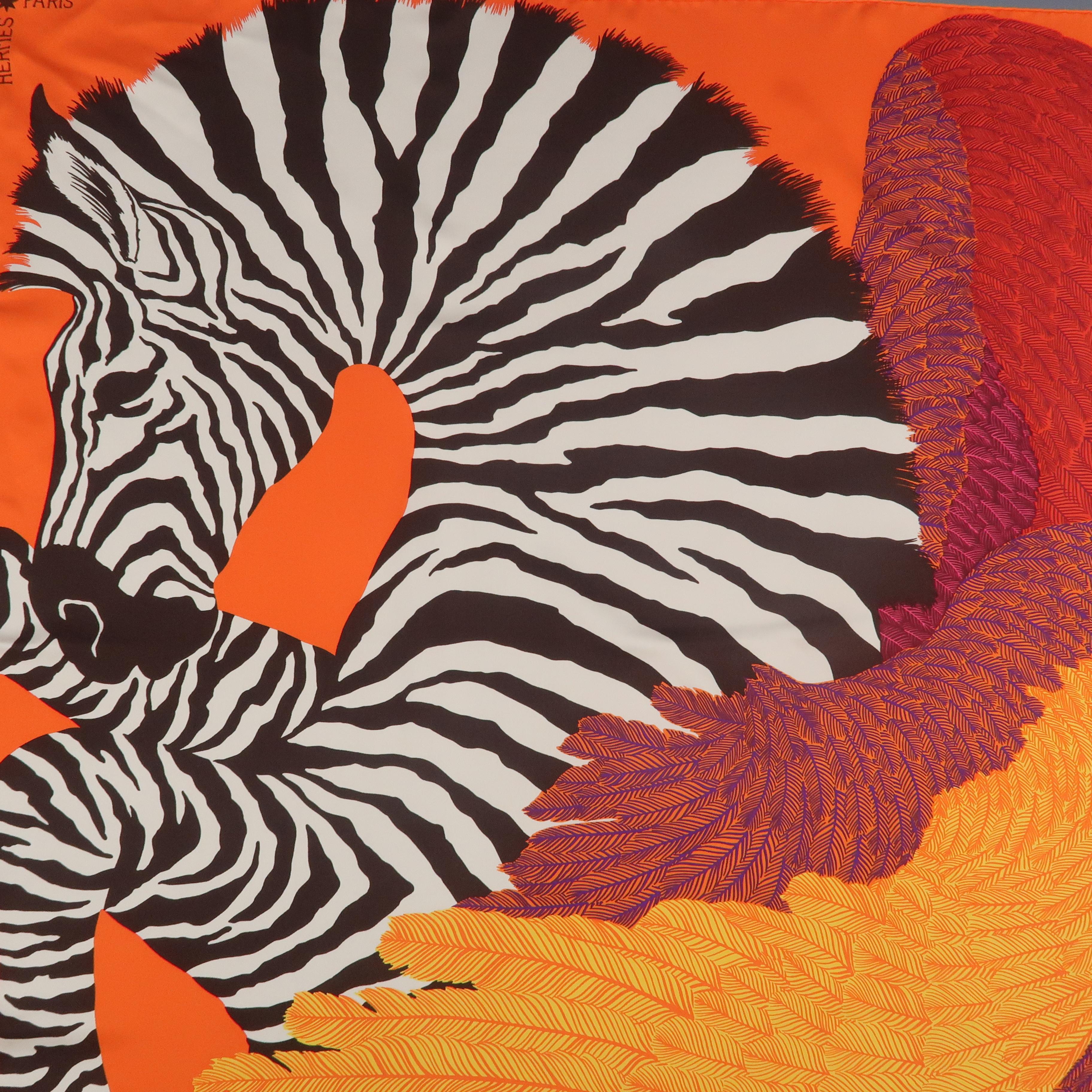 Women's or Men's HERMES Orange Silk Zebra Pegasus Scarf