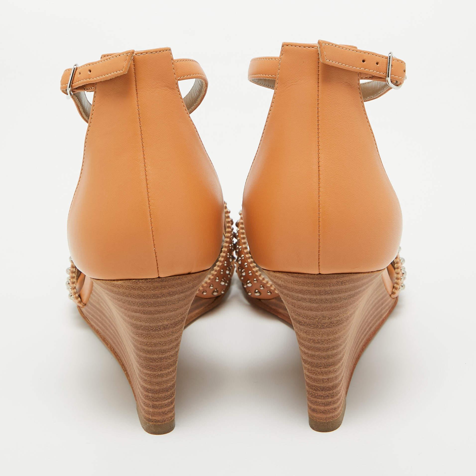 Hermes Orange Studded Leather Legend Wedge Sandals Size 40 For Sale 1