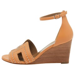 Hermes Orange Studded Leather Legend Wedge Sandals Size 40