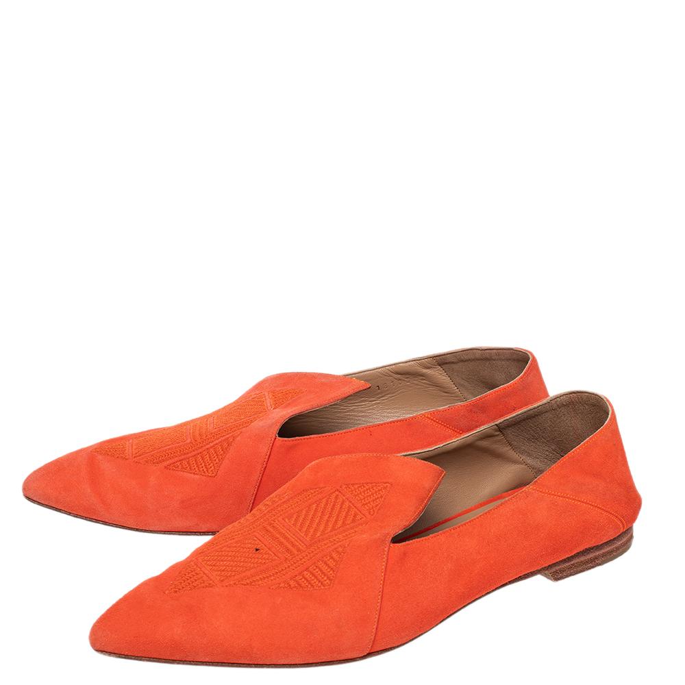 Women's Hermes Orange Suede Logo Embroidered Pointed Toe Smoking Slippers Size 41