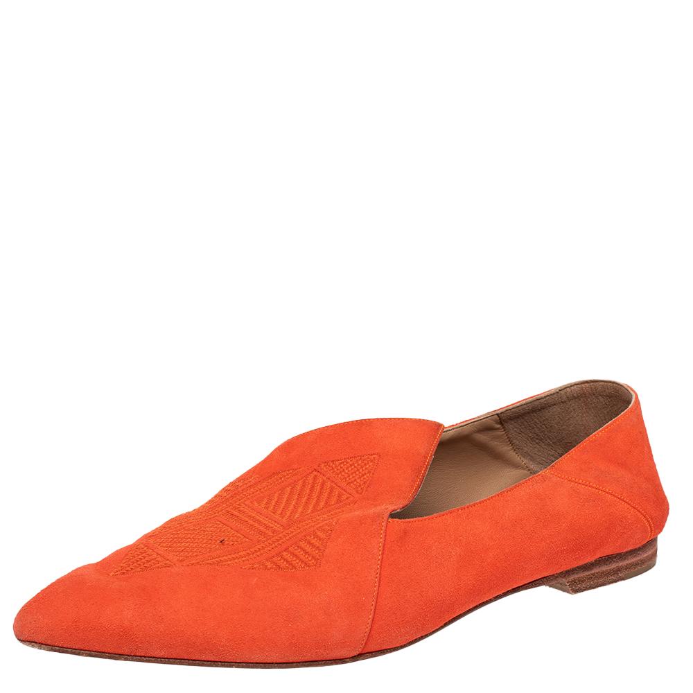 Hermes Orange Suede Logo Embroidered Pointed Toe Smoking Slippers Size 41 1