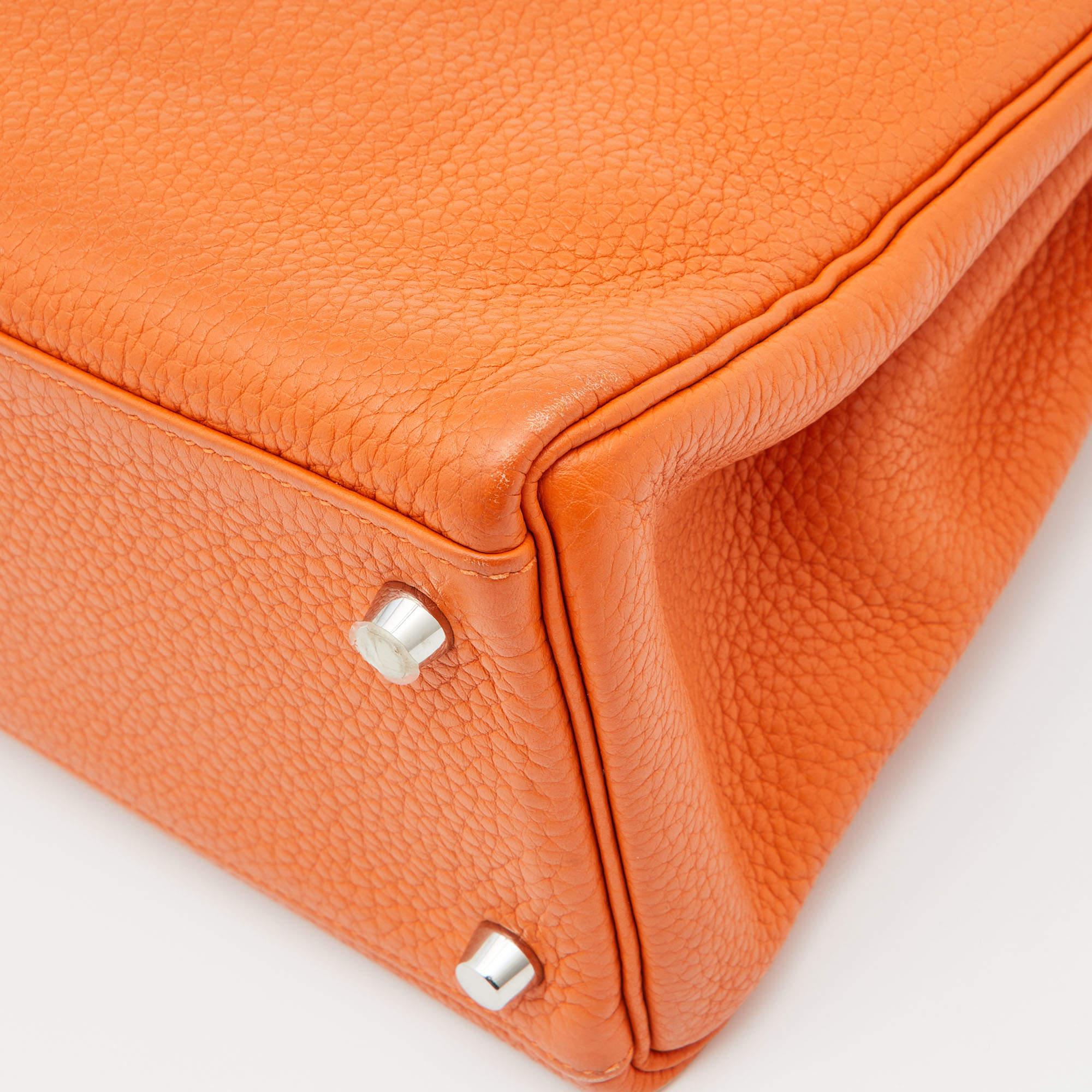 Hermes Orange Taurillion Clemence Leather Palladium Finish Kelly Retourne 32 Bag 15