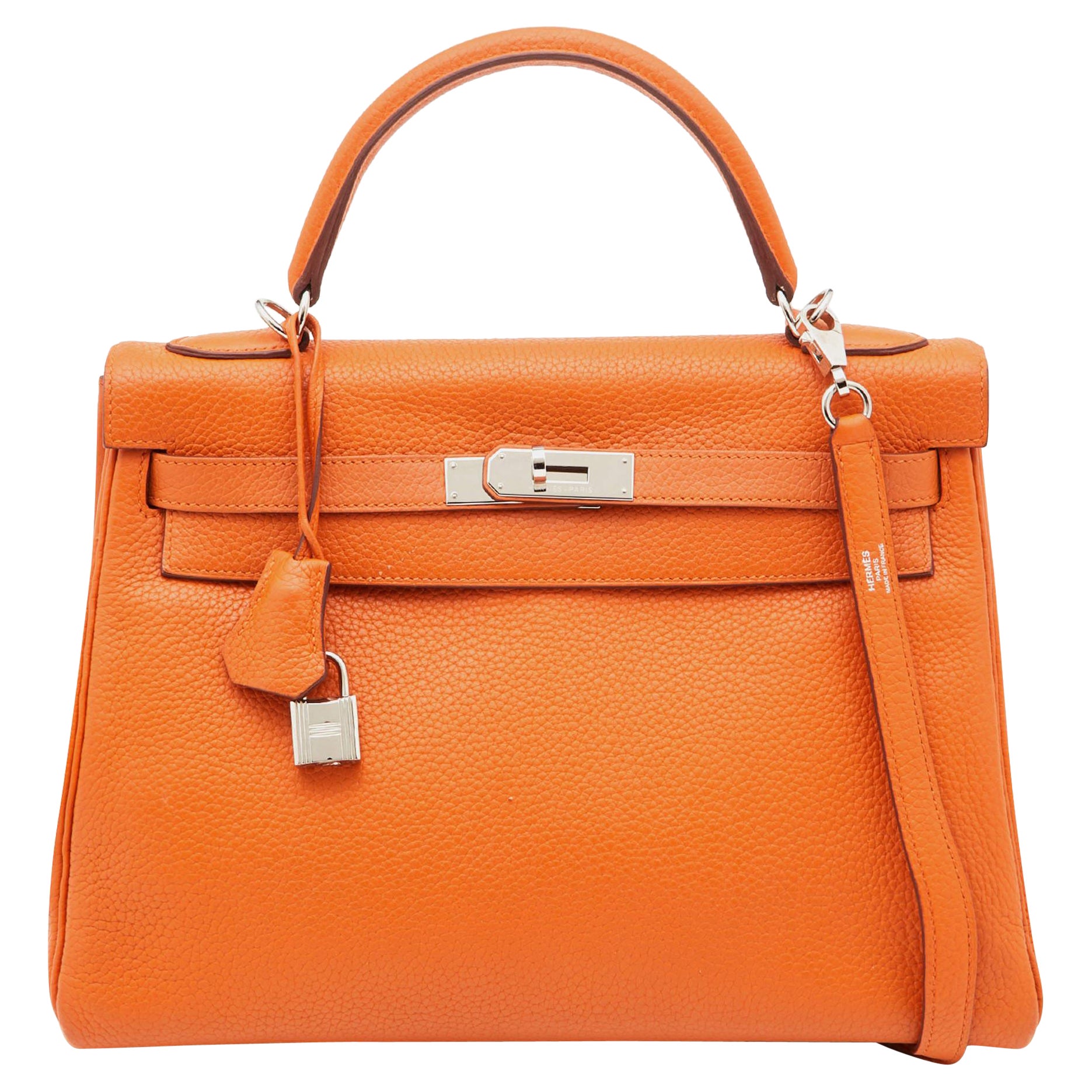Hermes Orange Taurillion Clemence Leather Palladium Finish Kelly Retourne 32 Bag