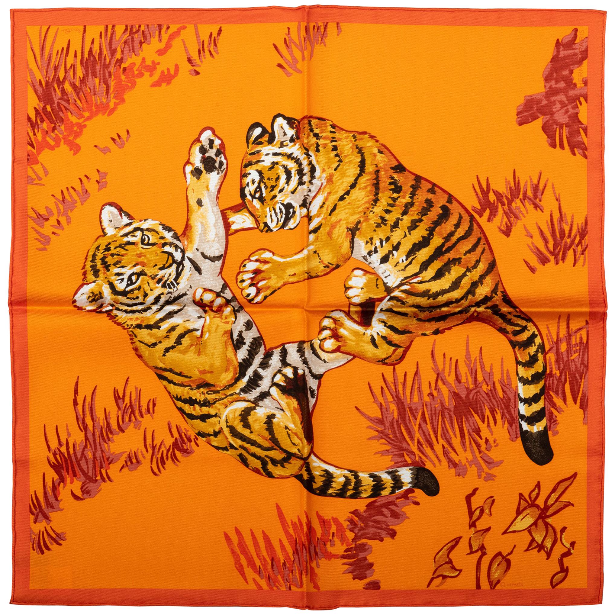 Hermes Orange Tiger Cubs Silk Gavroche Scarf
