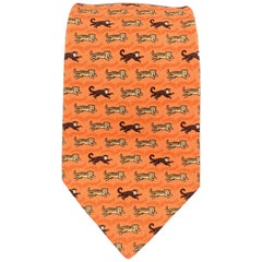 HERMES Orange Tigers & Monkeys Print Silk Tie