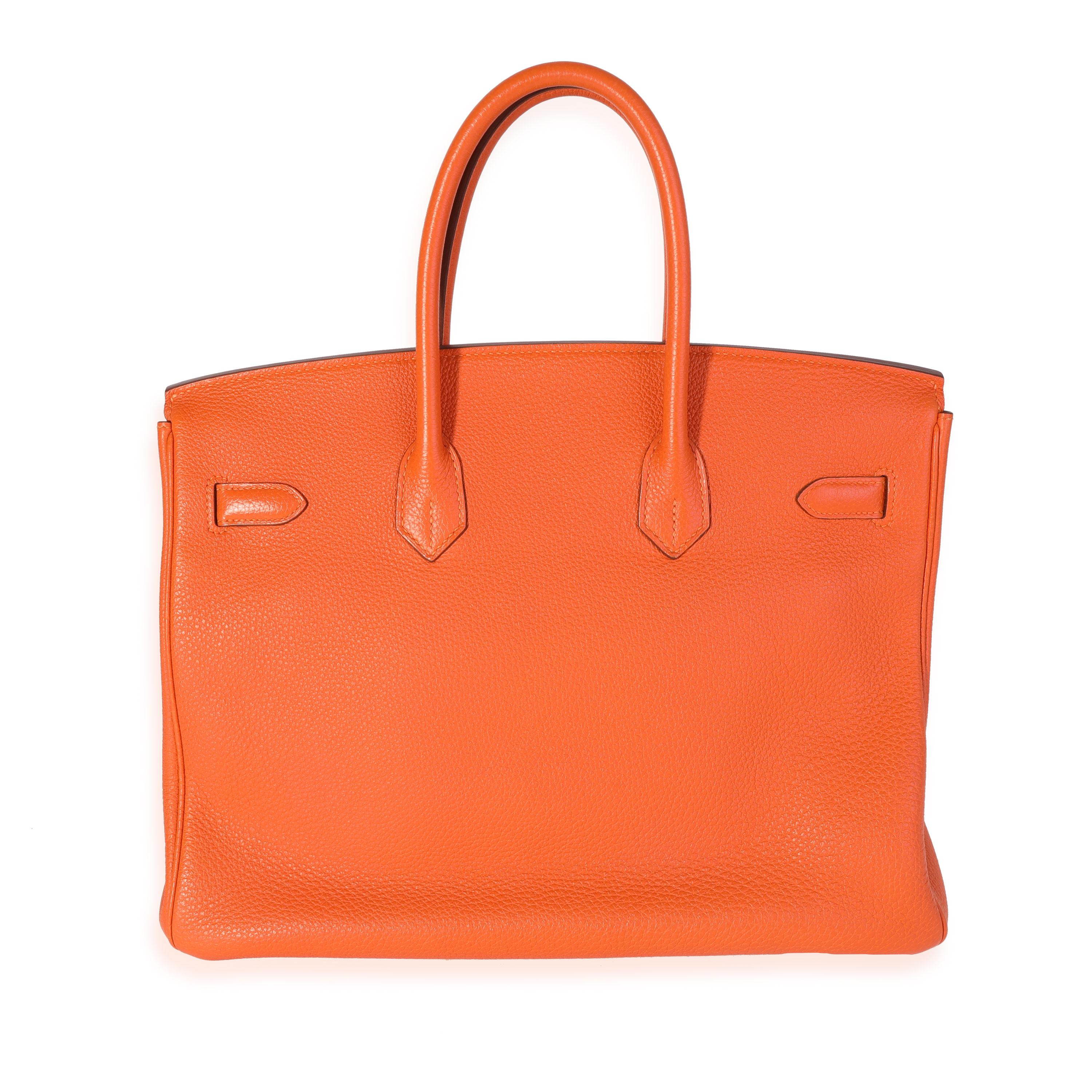 Listing Title: Hermès Orange Togo Birkin 35 GHW
SKU: 119686
Condition: Pre-owned (3000)
Handbag Condition: Very Good
Condition Comments: Very Good Condition. Scuffing to corners and exterior. Light discoloration to leather. Scratching to hardware.