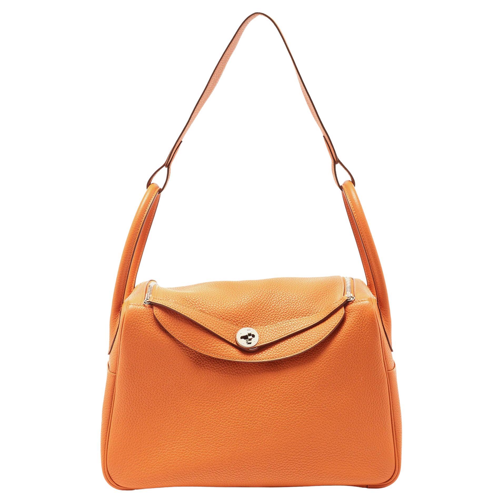 Hermès Orange Togo Leather Palladium Finish Lindy 34 Bag For Sale