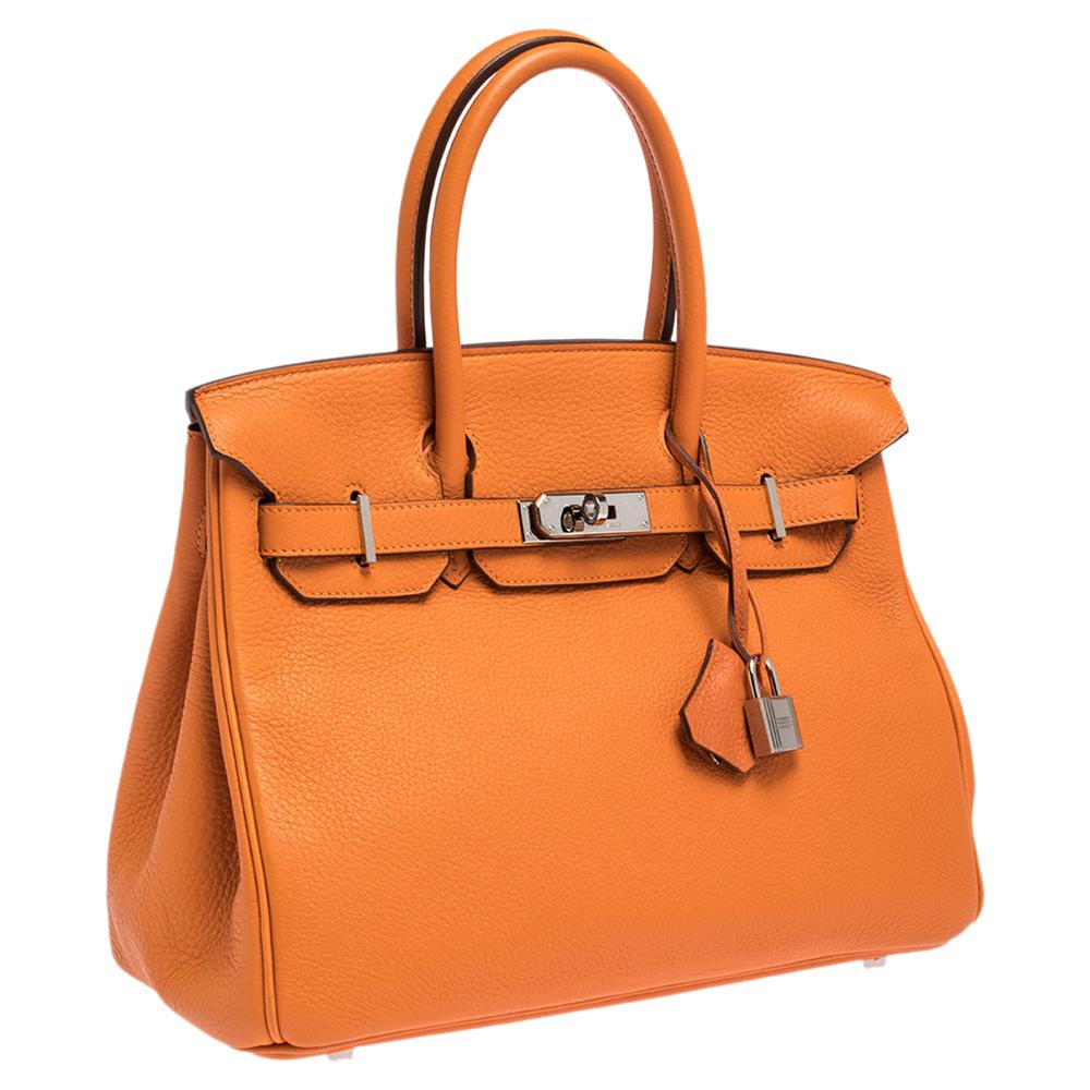 Hermes Orange Togo Leather Palladium Hardware Birkin 30 Bag In Good Condition In Dubai, Al Qouz 2
