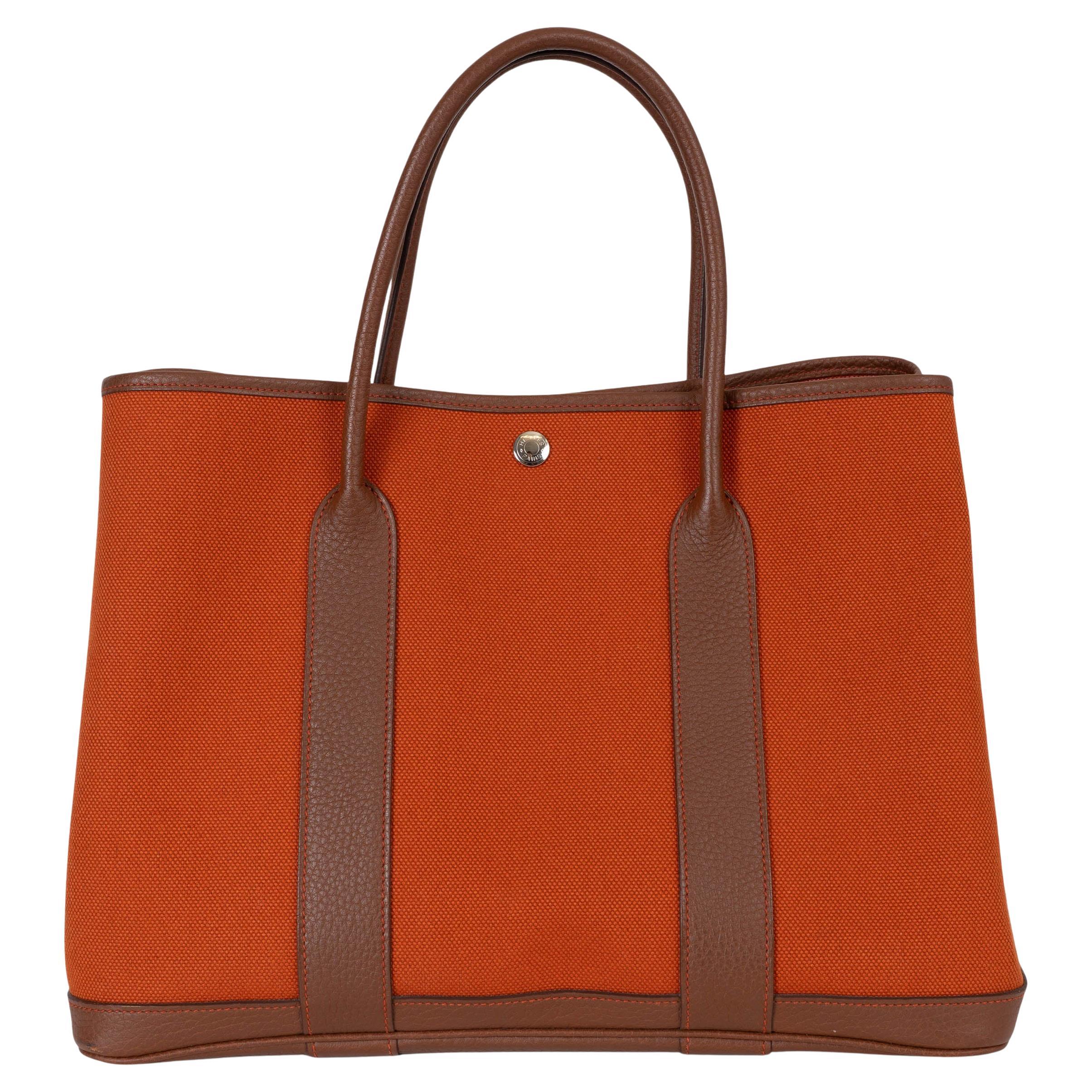HERMES Toile orange & cuir Negonda marron GARDEN PARTY 36 Fourre-tout Phw en vente