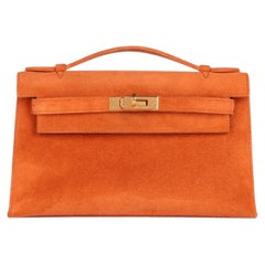 Hermès Orange Veau Doblis Suede Vintage Kelly Pochette