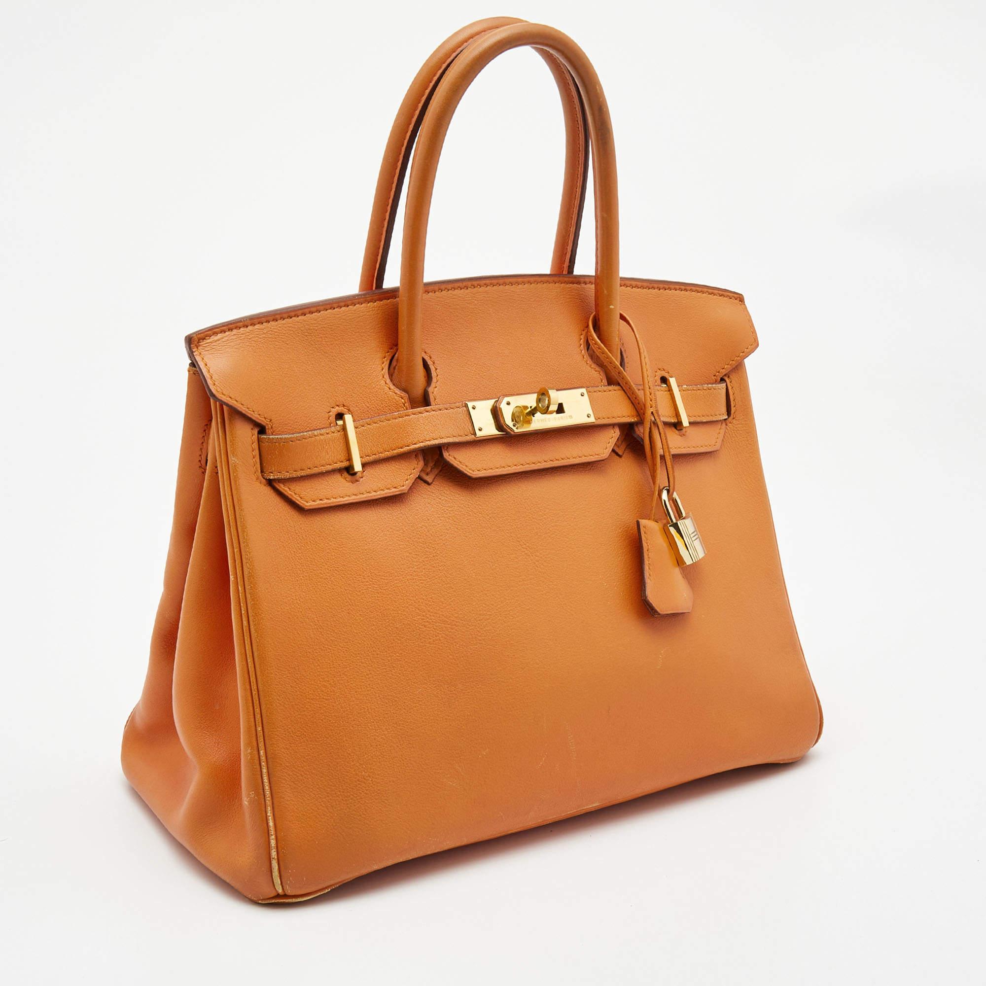 Women's Hermes Orange Veau Gulliver Leather Gold Finish Birkin 30 Bag