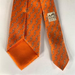 HERMES Orange White Chain Link Silk Tie