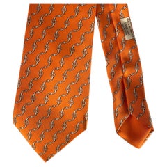 HERMES Orange White Chain Link Silk Tie