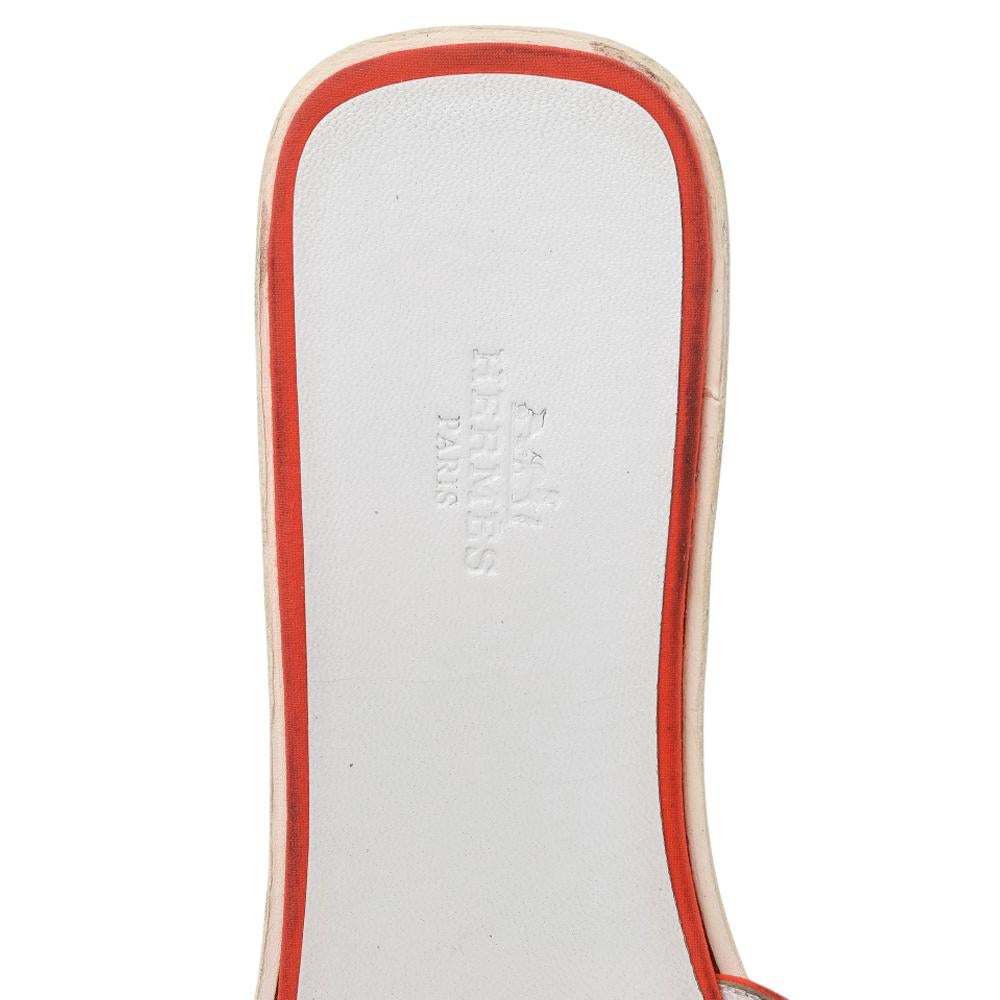 Red Hermes Orange/White Fabric Oran Flat Sandals Size 39.5