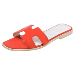 Hermes Orange/White Fabric Oran Flat Sandals Size 39.5