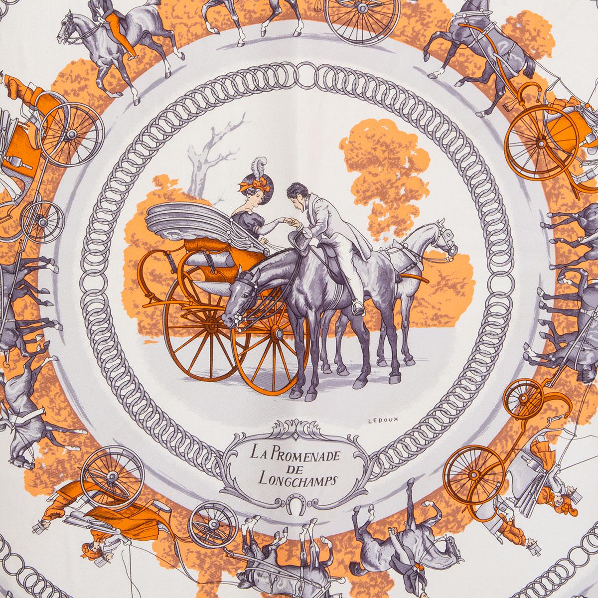 100% authentic Hermes 'La Promenade de Longchamps 90' scarf by Philippe Ledoux orange silk twill (100%) with details white and grey. Has been worn and is in excellent condition.

Height 90cm (35.1in)
Length 90cm (35.1in)

All our listings include