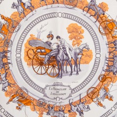 Hermes orange & white LA PROMENADE DE LONGCHAMPS 90 silk twill Scarf