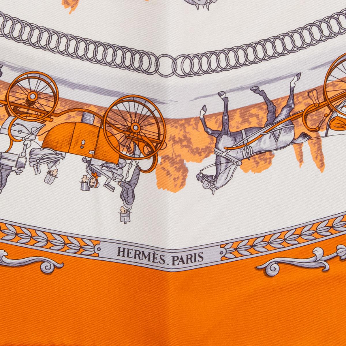 Beige Hermes orange & white LA PROMENADE DE LONGCHAMPS 90 silk twill Scarf