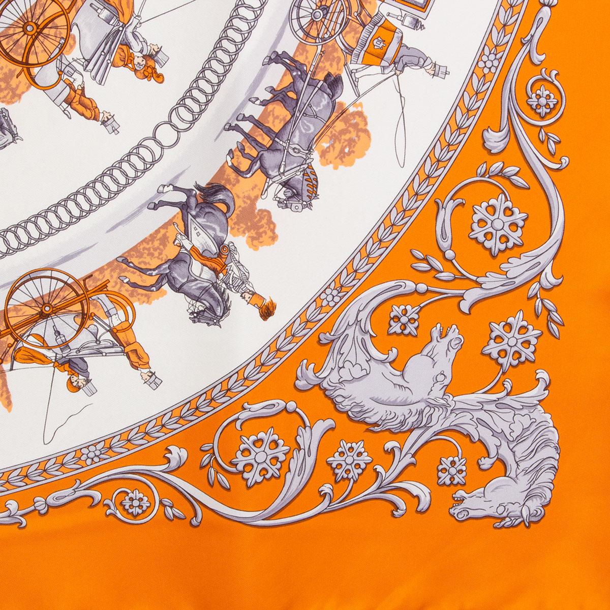 Women's or Men's Hermes orange & white LA PROMENADE DE LONGCHAMPS 90 silk twill Scarf