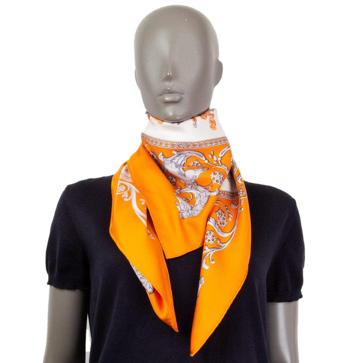 Hermes orange & white LA PROMENADE DE LONGCHAMPS 90 silk twill Scarf 3
