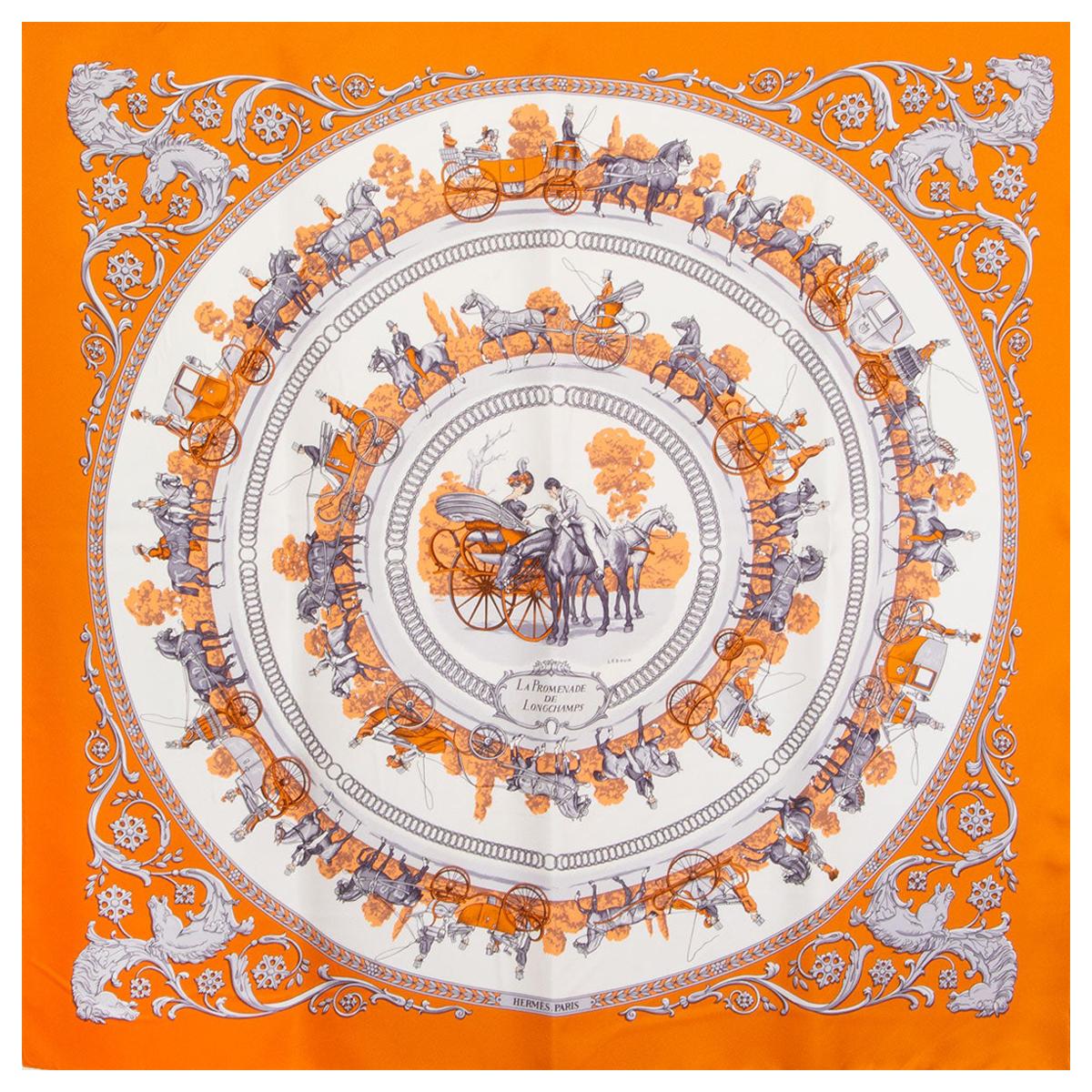 Hermes orange & white LA PROMENADE DE LONGCHAMPS 90 silk twill Scarf