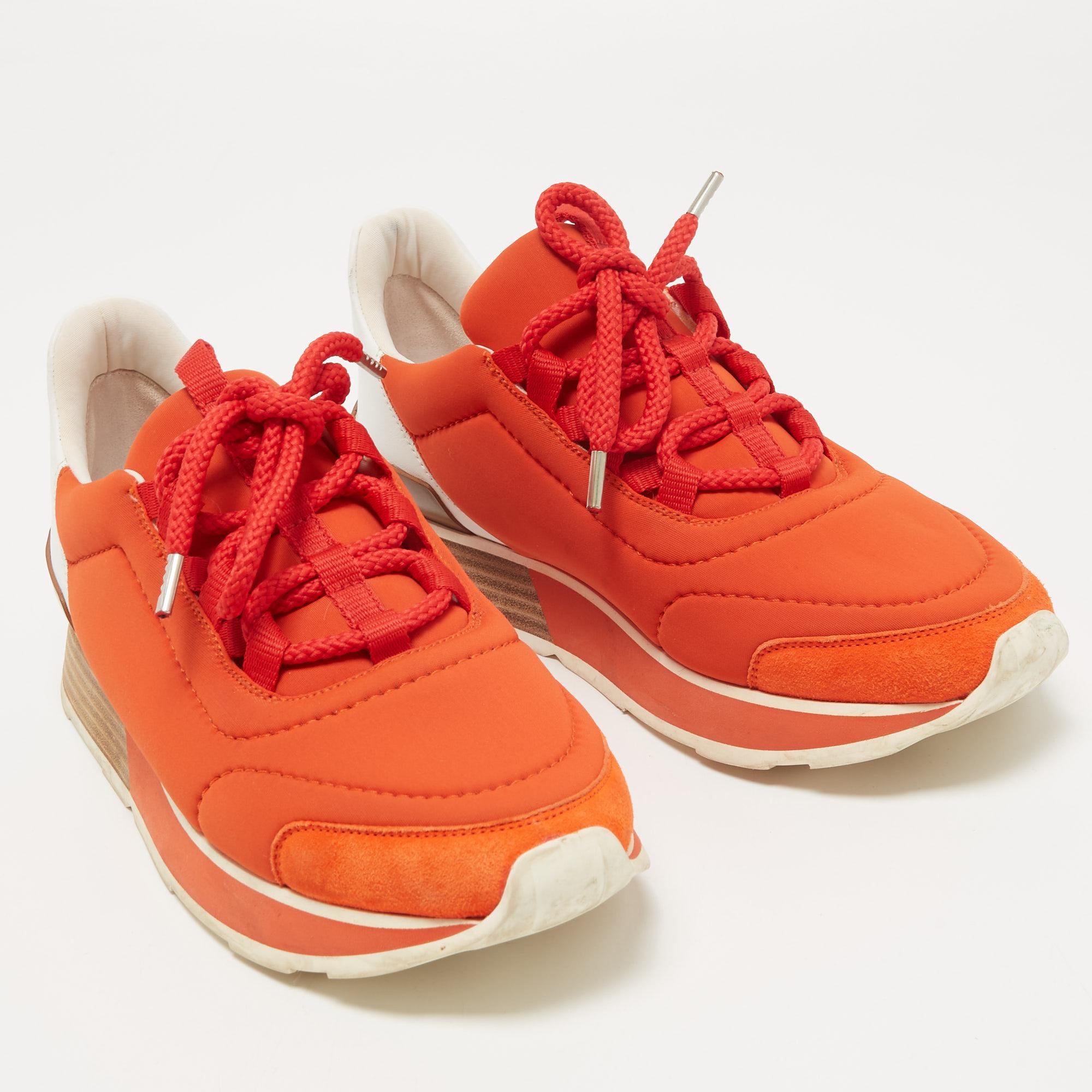 Hermes Orange/White Nylon and Leather Buster Sneakers Size 37.5 In Good Condition In Dubai, Al Qouz 2