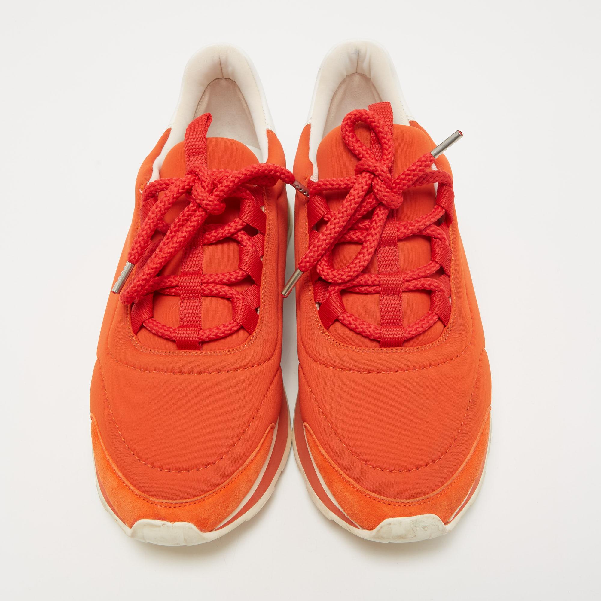 Hermes Orange/White Nylon and Leather Buster Sneakers Size 37.5 1