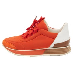 Hermes Orange/White Nylon and Leather Buster Sneakers Size 37.5
