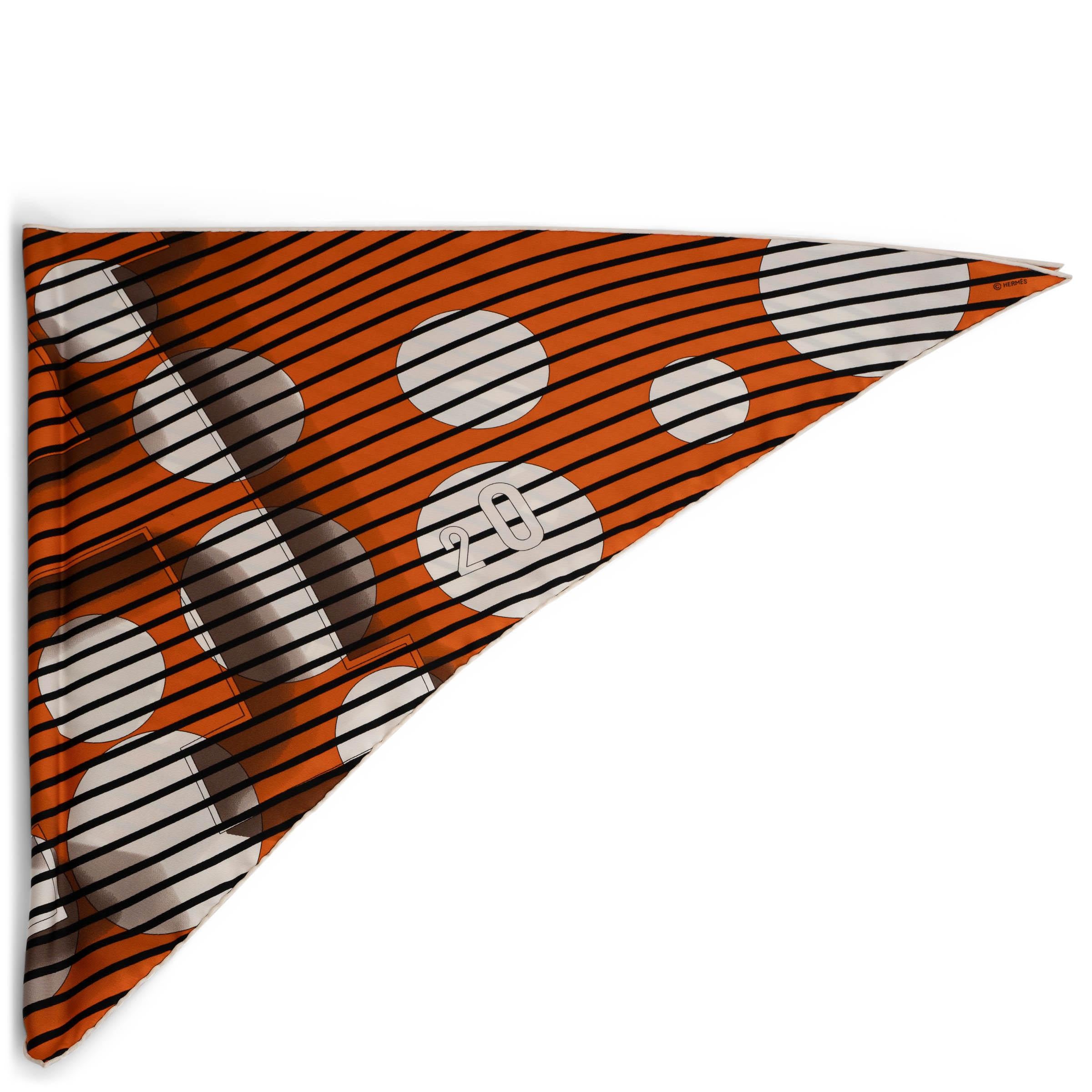 This 100% authentic Hermès H2O Pointue scarf, designed by Bali Baret, is crafted from vibrant orange silk twill (100%). It features contrasting white edges, a shaded H2O print, black stripes, and white dots, creating a bold and dynamic design.