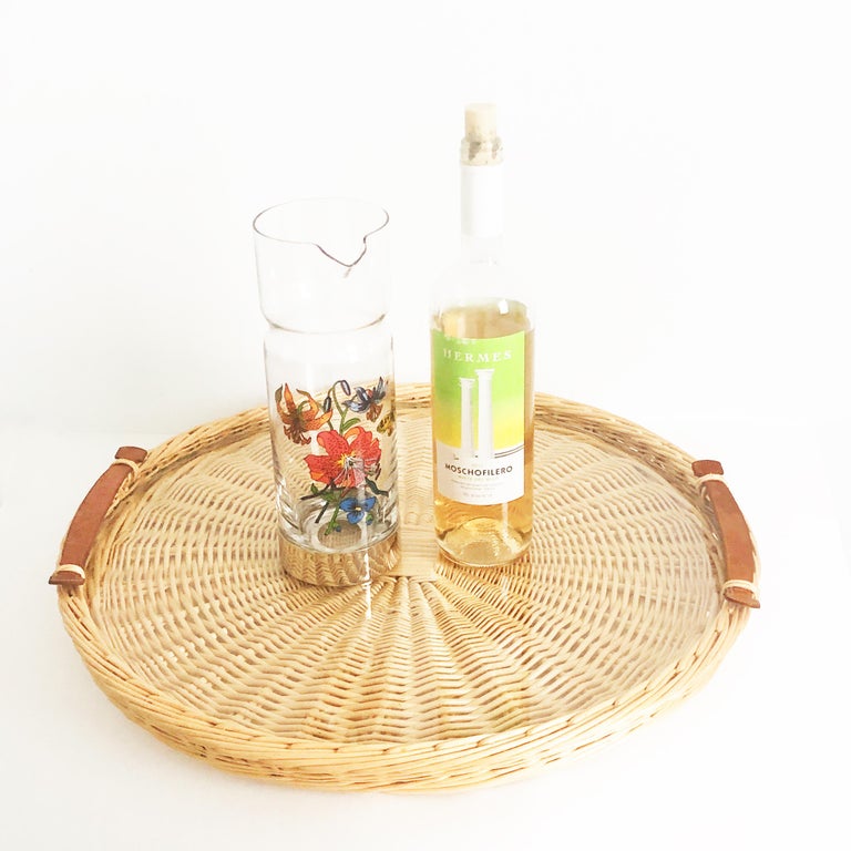 Hermes Oseraie Large Tray Round Serving Platter Wicker and Bridle