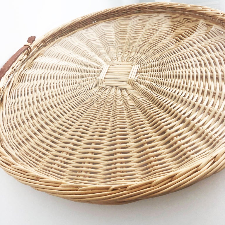 Hermes Oseraie Large Tray Round Serving Platter Wicker and Bridle