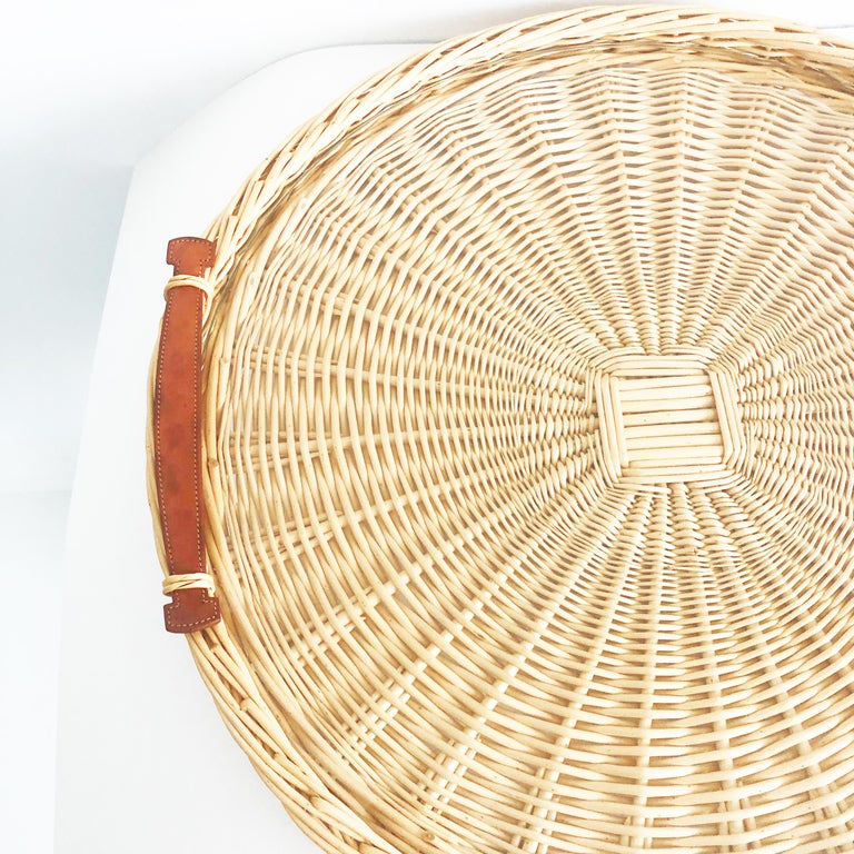 Hermes Oseraie Large Tray Round Serving Platter Wicker and Bridle