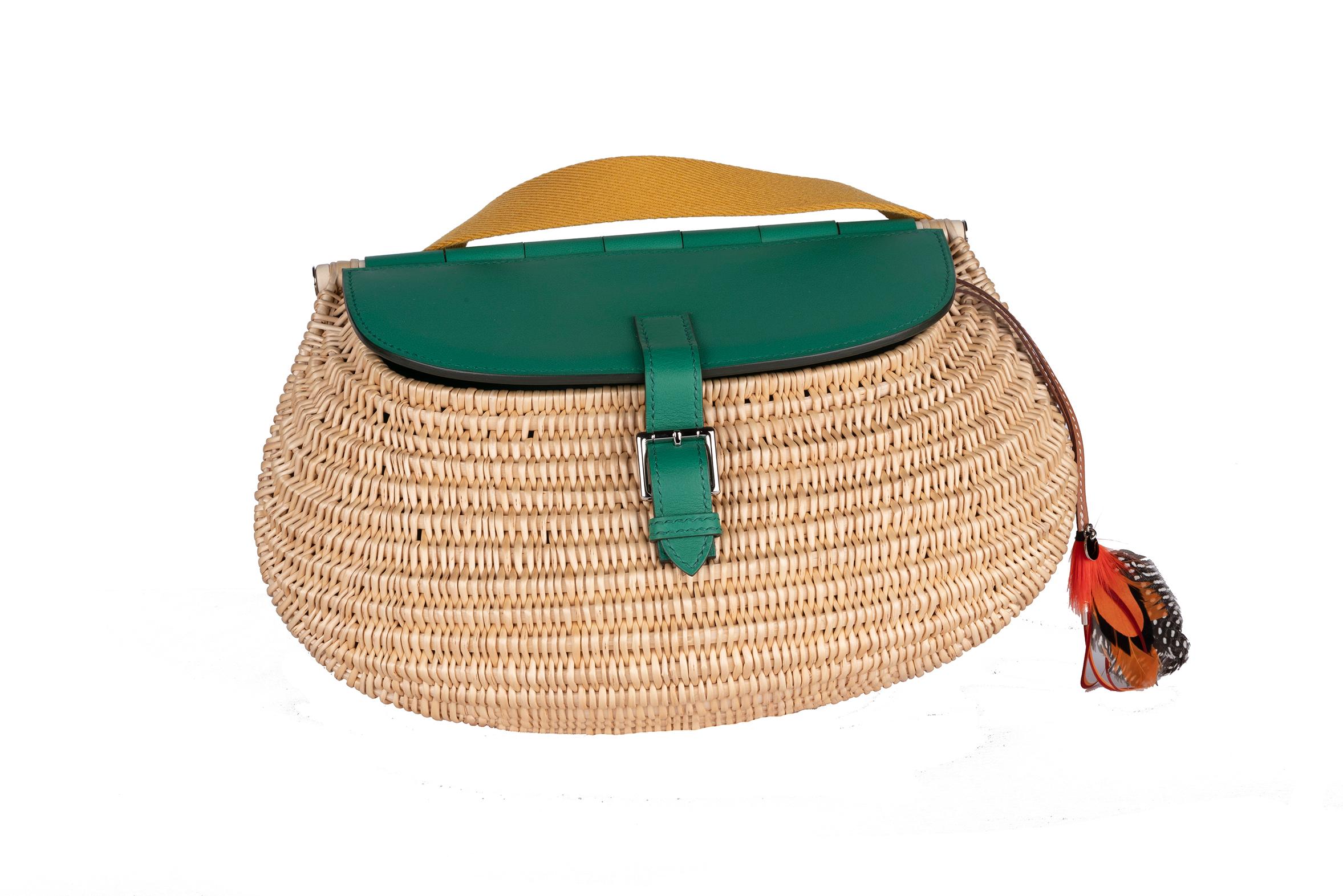 Women's or Men's Hermes  Wicker Fishing Bag Vert Green seen in Bloomberg Article Secretive Hermes