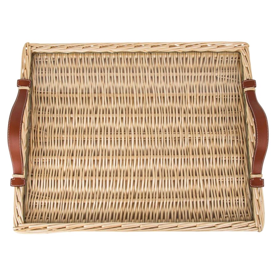 Hermes Osier (Wicker) Serving Tray Barenia Leather Handles Large