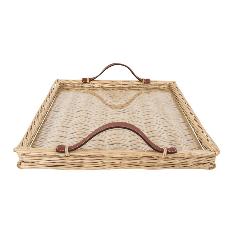 Hermes Osier (Wicker) Serving Tray Barenia Leather Handles New w/ Box
