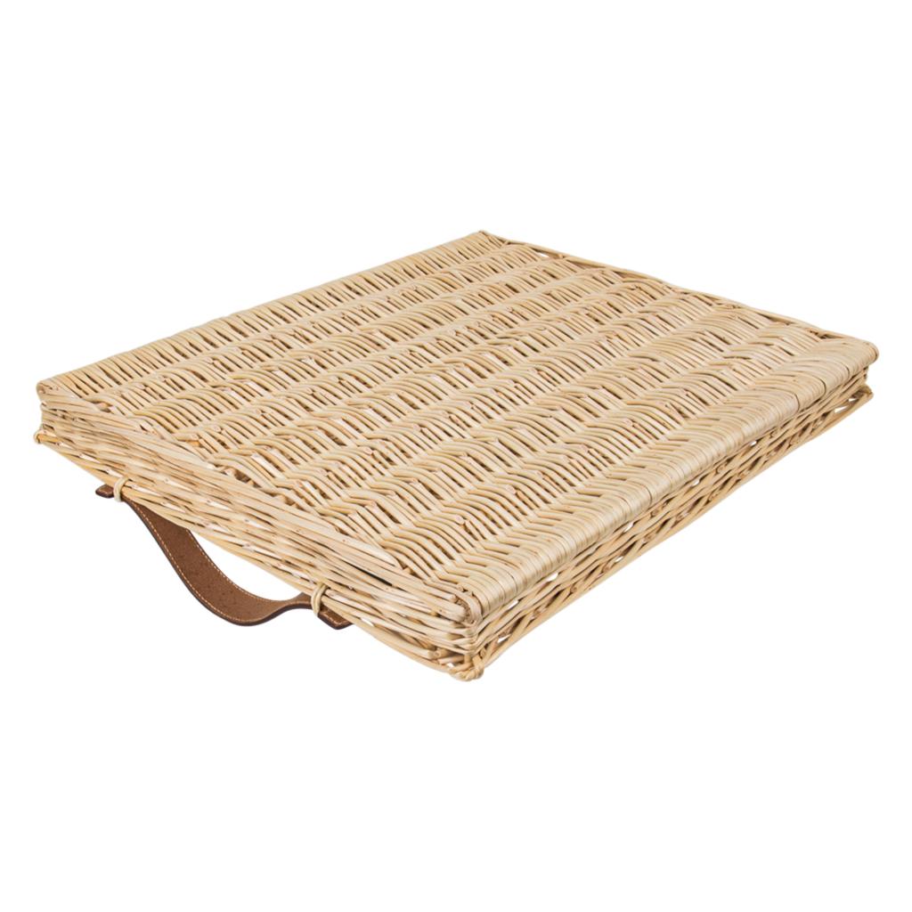 Beige Hermes Osier (Wicker) Serving Tray Barenia Leather Handles New w/ Box