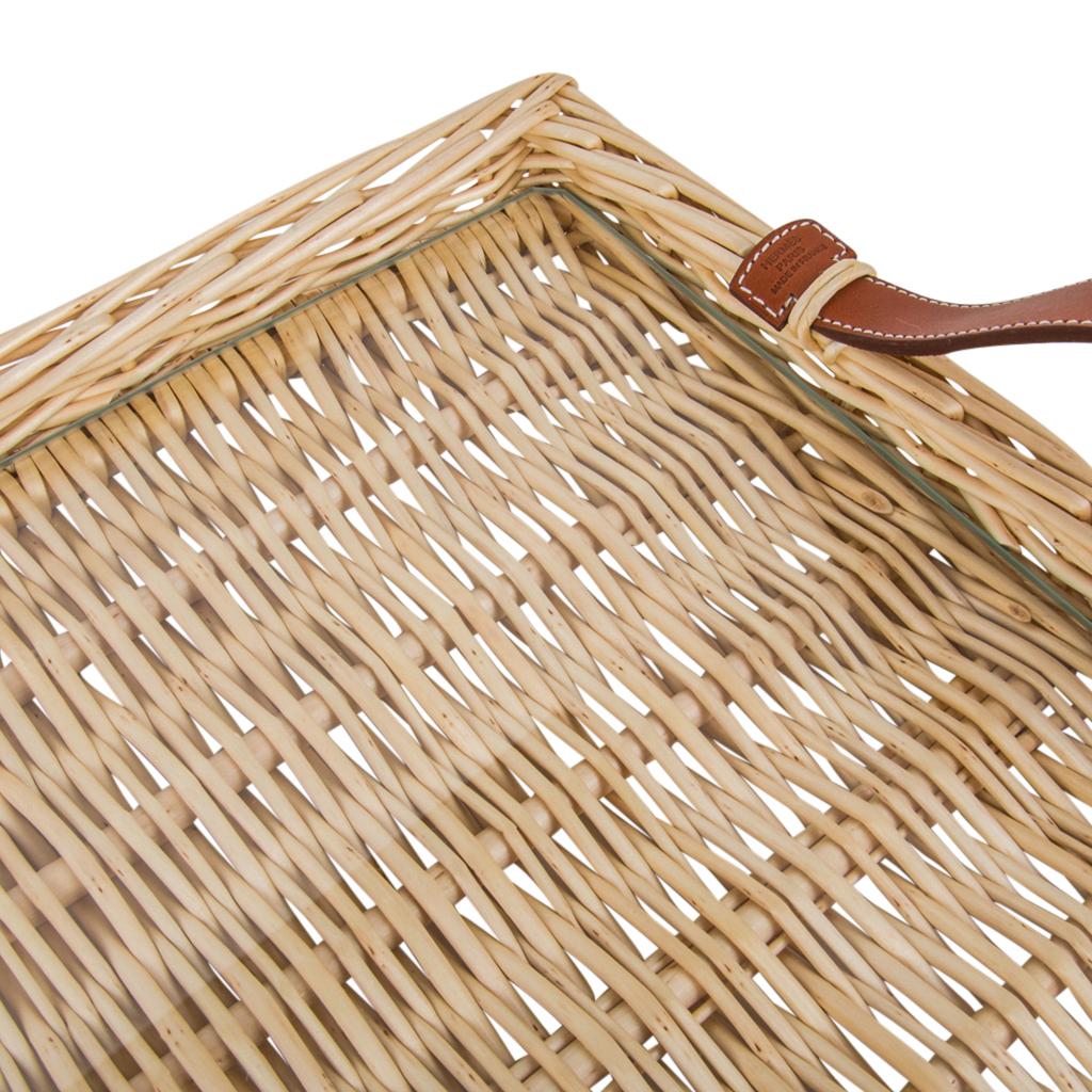 Hermes Osier (Wicker) Serving Tray Barenia Leather Handles New w/ Box In New Condition In Miami, FL