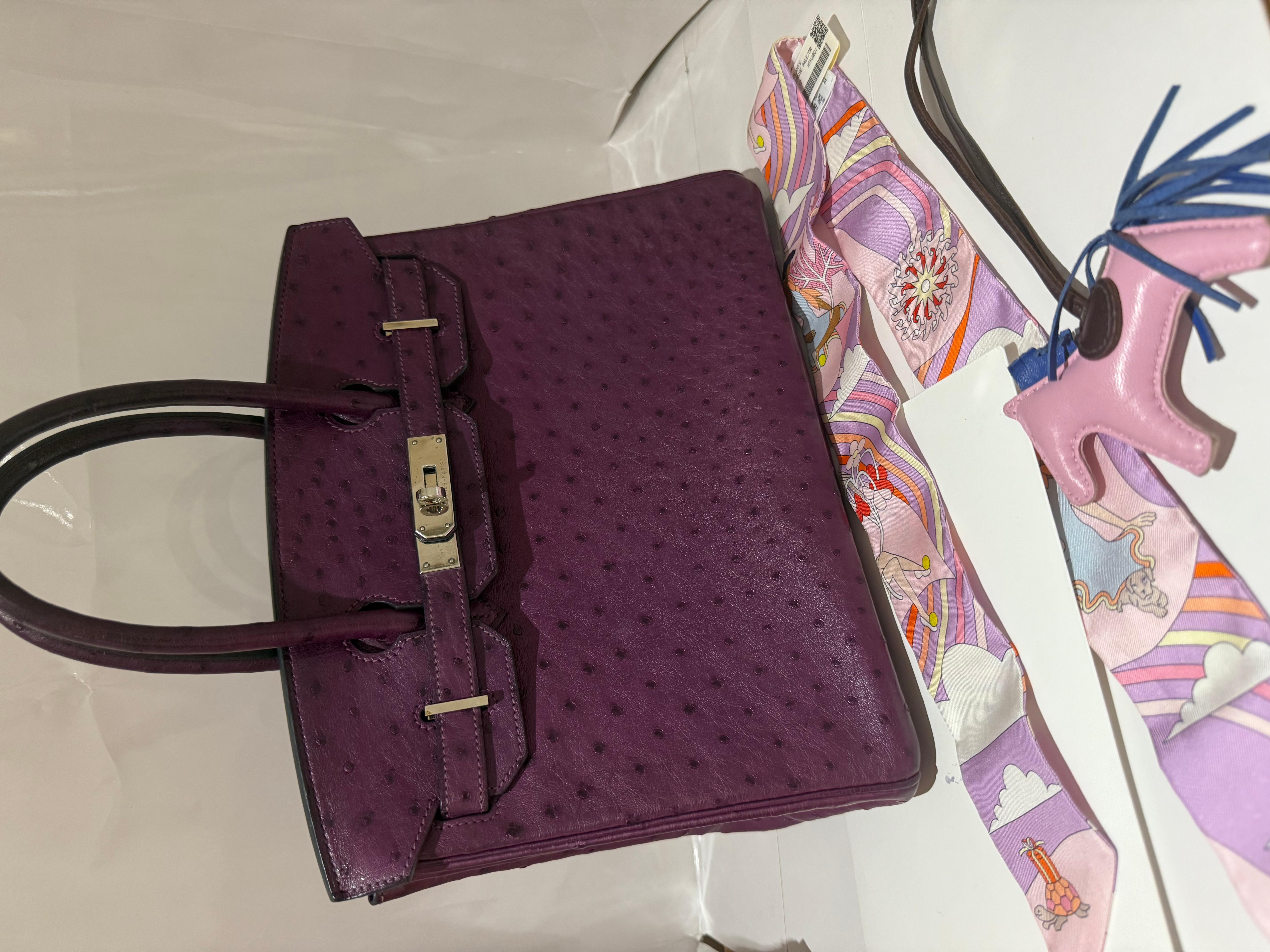 Hermes Ostrich Birkin 30 Violet handbag with Palladium hardware For Sale 5