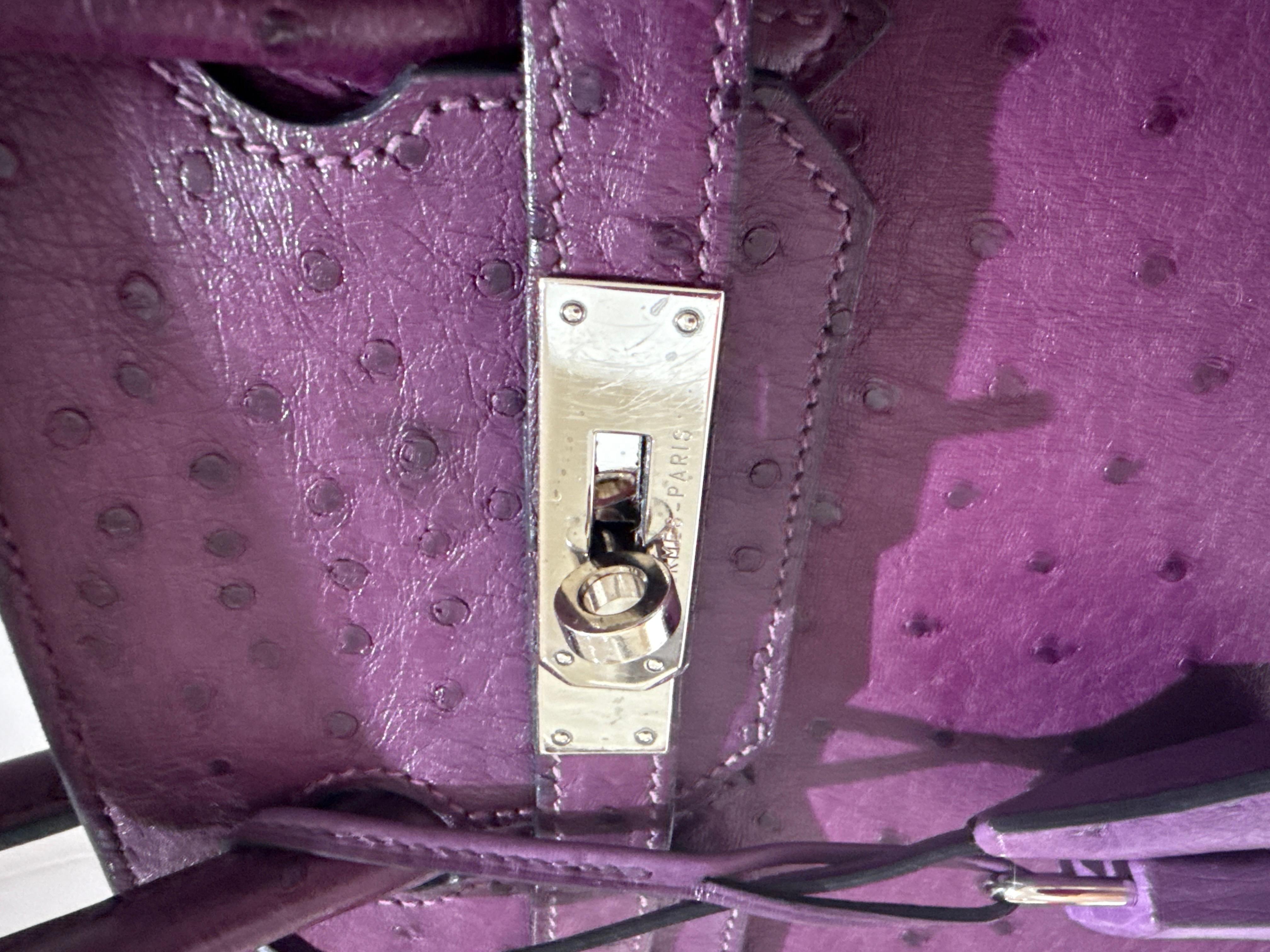 Hermes Ostrich Birkin 30 Violet handbag with Palladium hardware For Sale 6